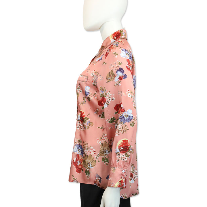 Cinq à Sept Bare Rose Print Satin Rhinestone Trim Blanche Top