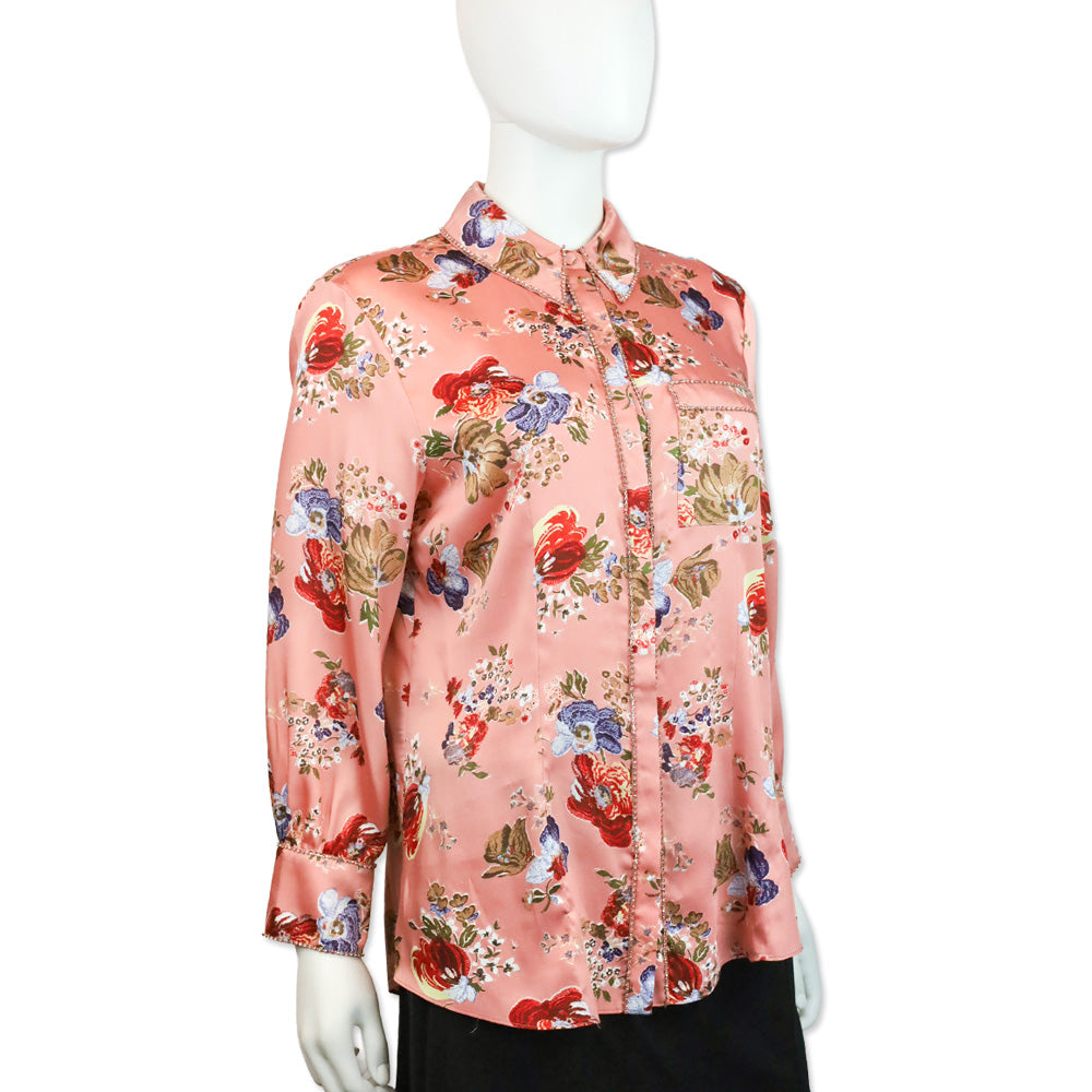 Cinq à Sept Bare Rose Print Satin Rhinestone Trim Blanche Top