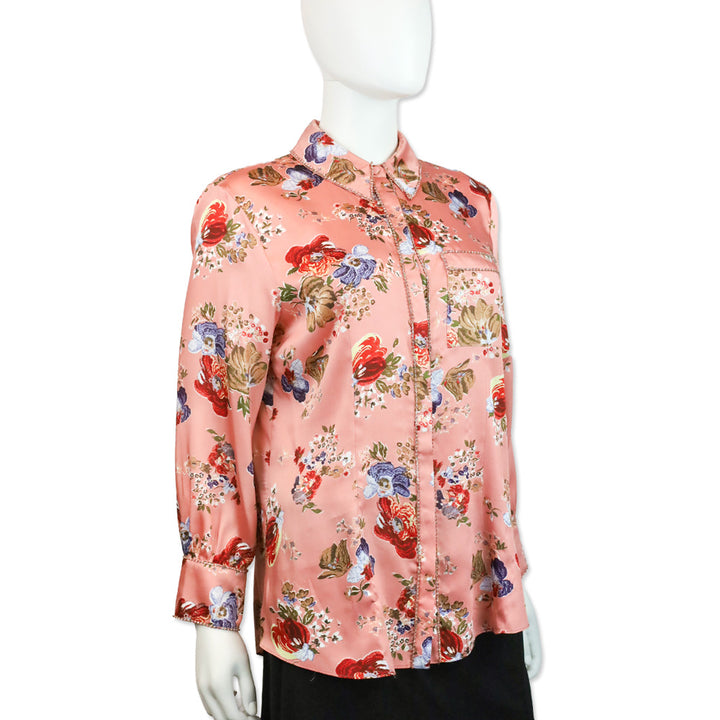 Cinq à Sept Bare Rose Print Satin Rhinestone Trim Blanche Top