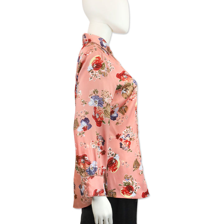 Cinq à Sept Bare Rose Print Satin Rhinestone Trim Blanche Top