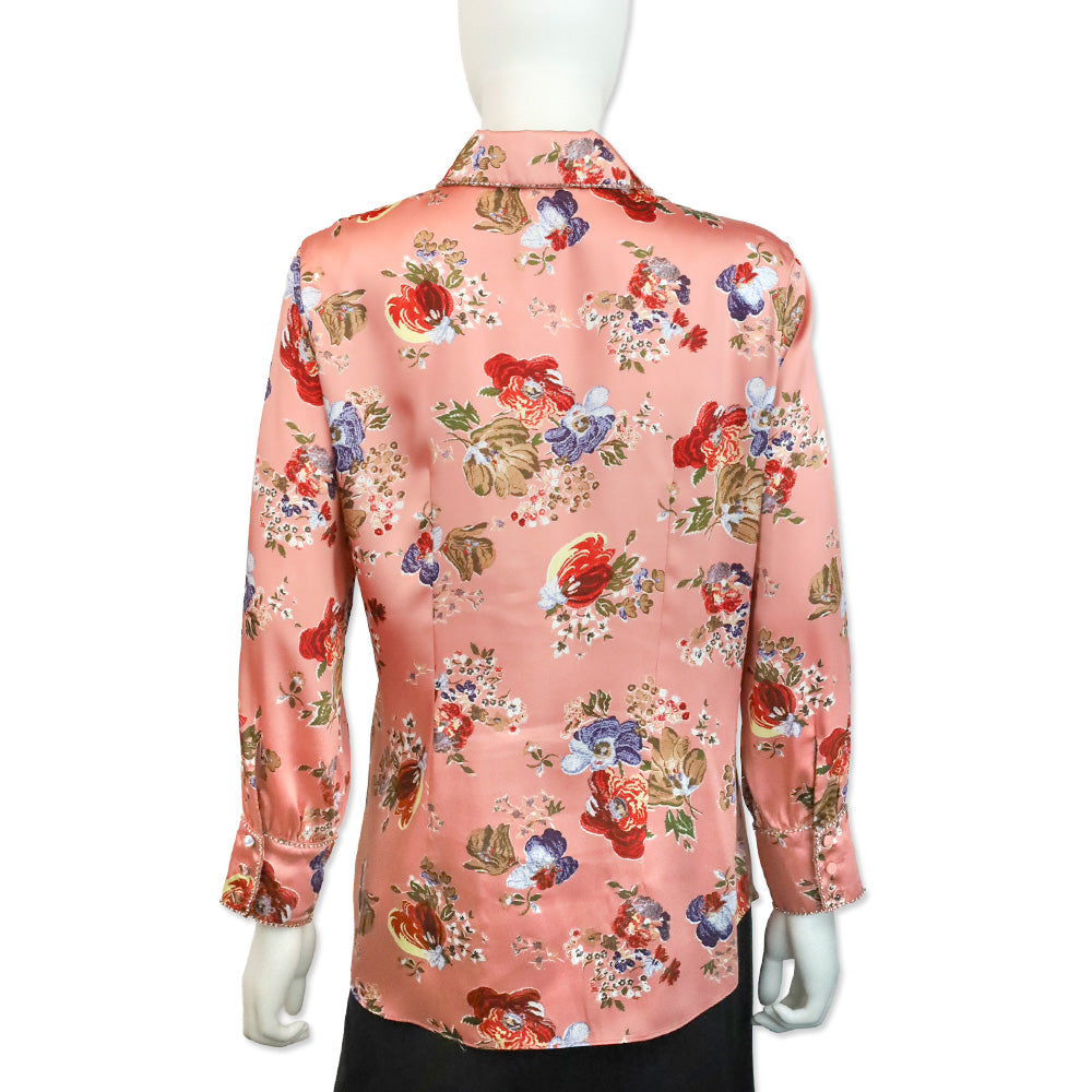 Cinq à Sept Bare Rose Print Satin Rhinestone Trim Blanche Top