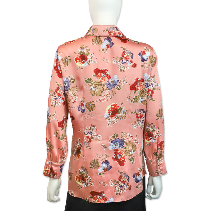 Cinq à Sept Bare Rose Print Satin Rhinestone Trim Blanche Top