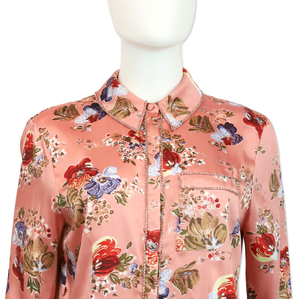 Cinq à Sept Bare Rose Print Satin Rhinestone Trim Blanche Top