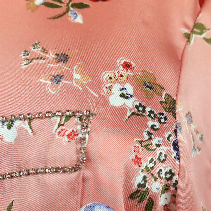 Cinq à Sept Bare Rose Print Satin Rhinestone Trim Blanche Top