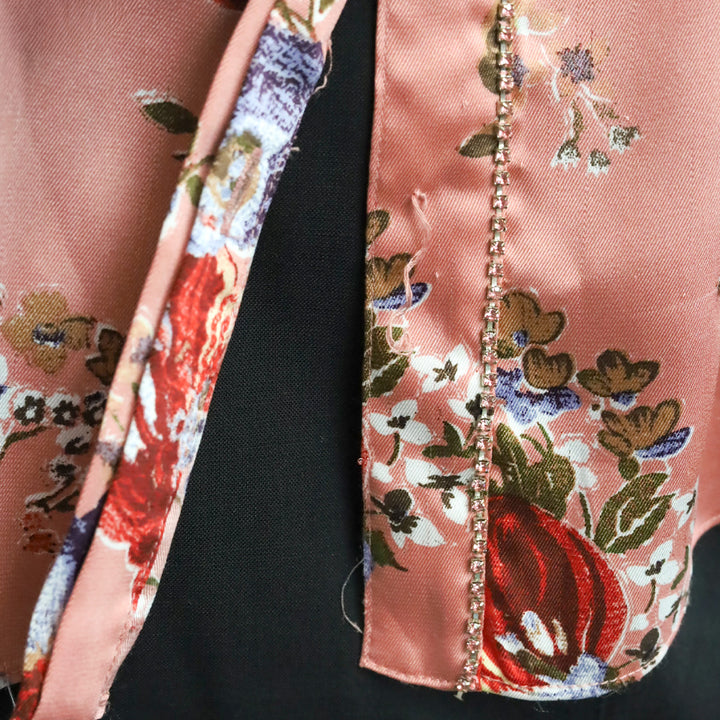 Cinq à Sept Bare Rose Print Satin Rhinestone Trim Blanche Top