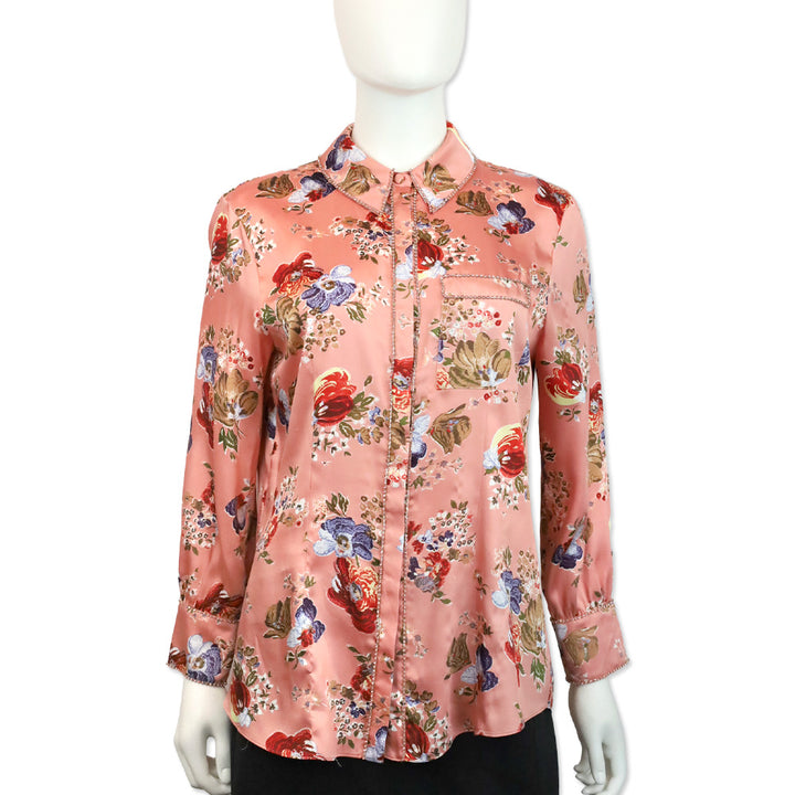 Cinq à Sept Bare Rose Print Satin Rhinestone Trim Blanche Top