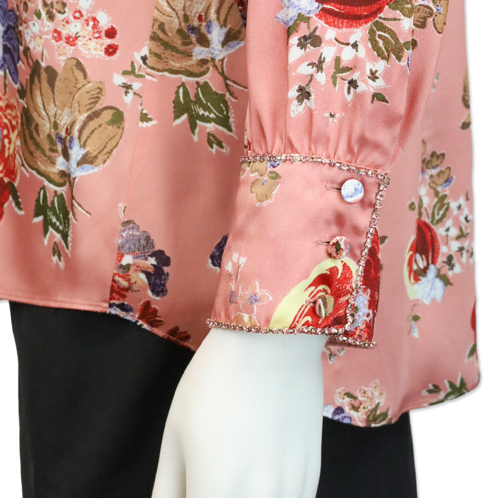 Cinq à Sept Bare Rose Print Satin Rhinestone Trim Blanche Top