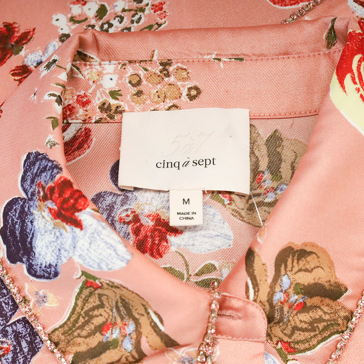 Cinq à Sept Bare Rose Print Satin Rhinestone Trim Blanche Top