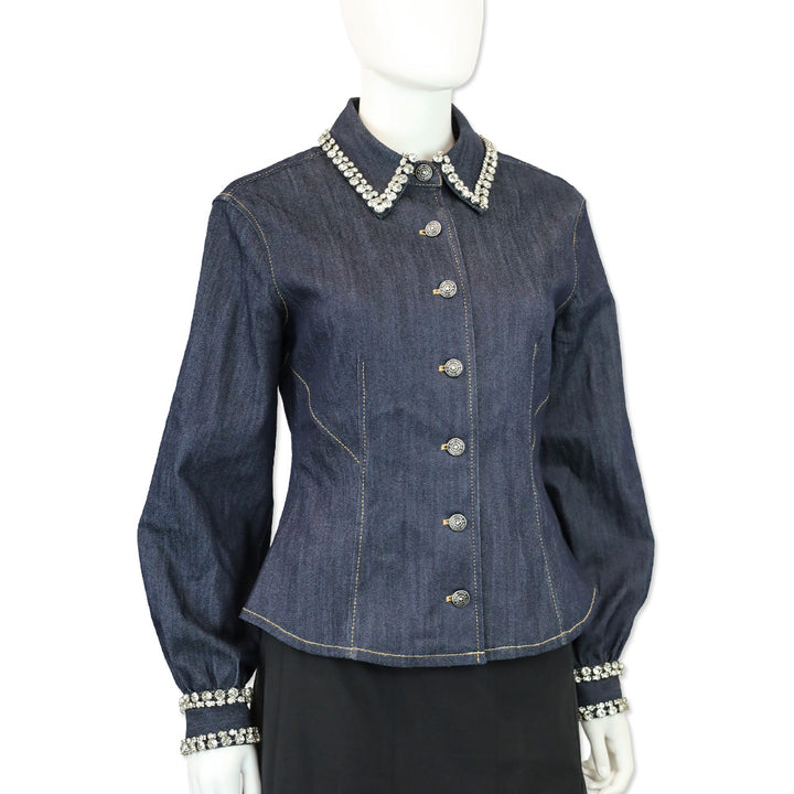 Cinq à Sept Indigo Rhinestone Trim Denim Autumn Top