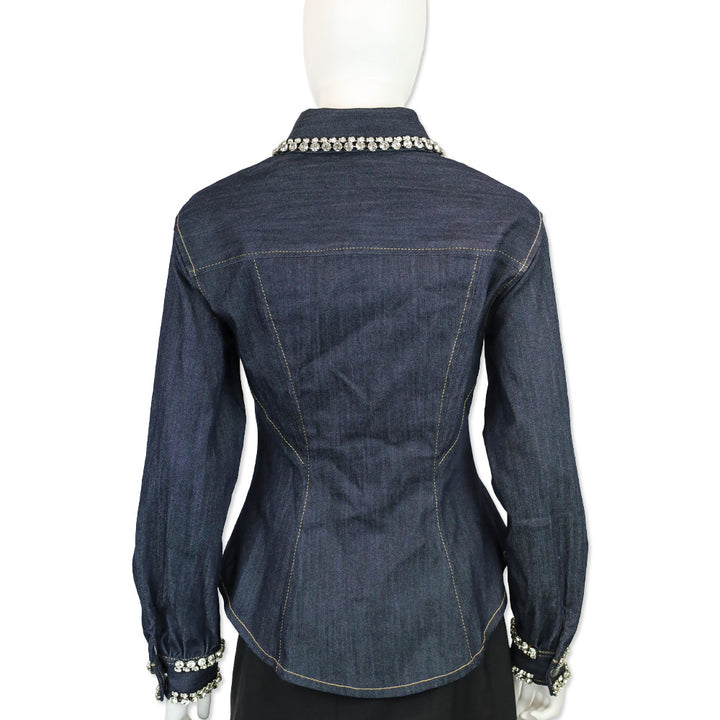 Cinq à Sept Indigo Rhinestone Trim Denim Autumn Top