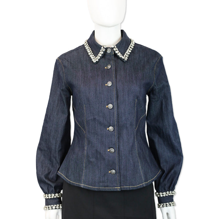 Cinq à Sept Indigo Rhinestone Trim Denim Autumn Top