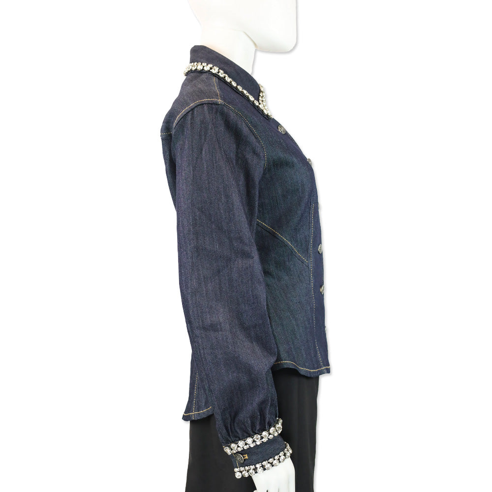 Cinq à Sept Indigo Rhinestone Trim Denim Autumn Top
