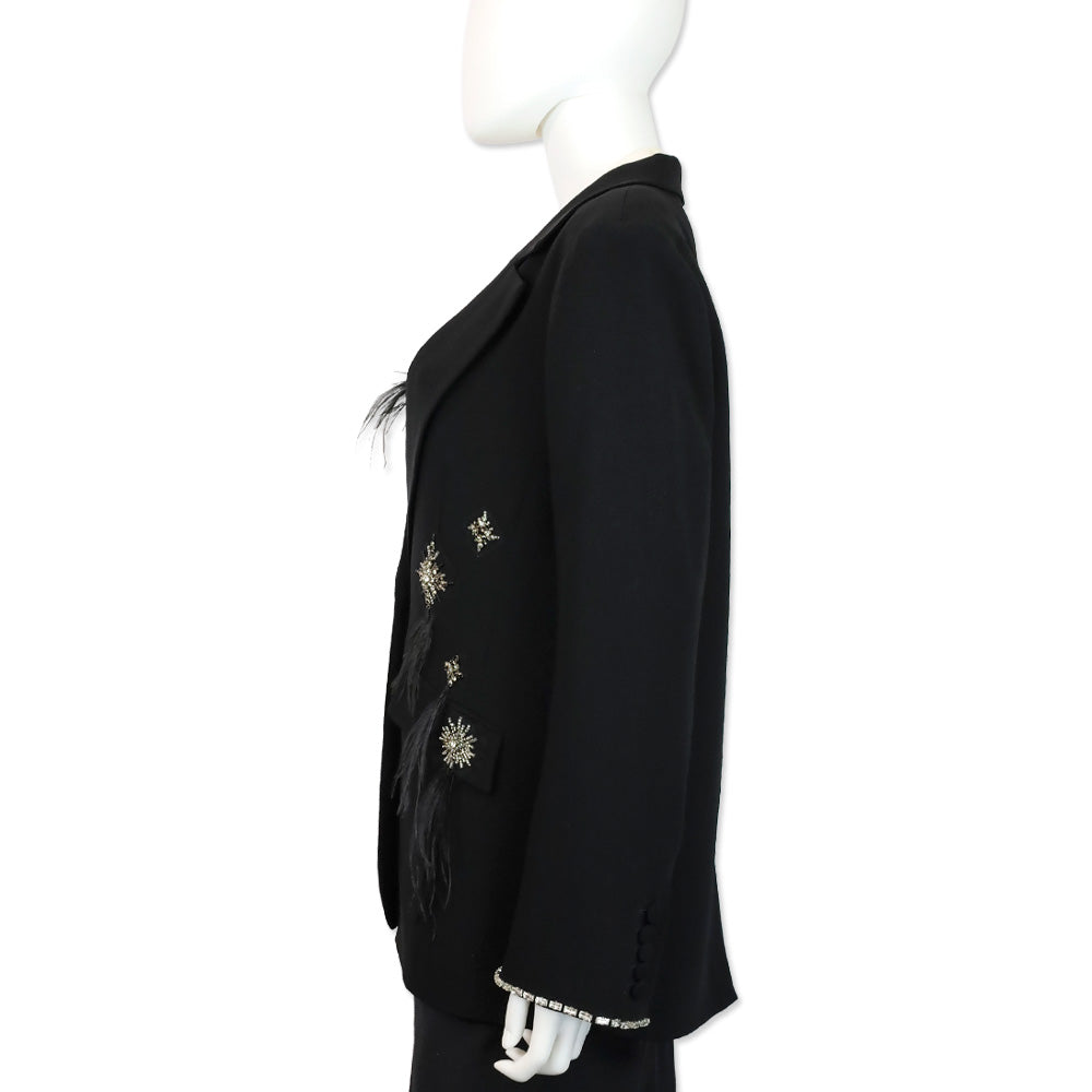 Cinq à Sept Jamila Black Feather Rhinestone Embellished Blazer