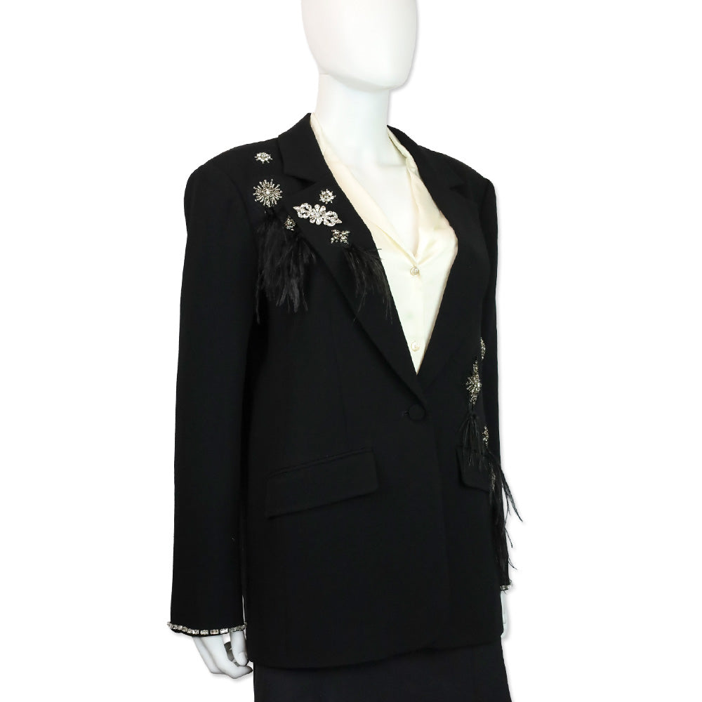 Cinq à Sept Jamila Black Feather Rhinestone Embellished Blazer