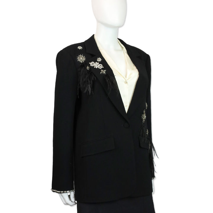 Cinq à Sept Jamila Black Feather Rhinestone Embellished Blazer