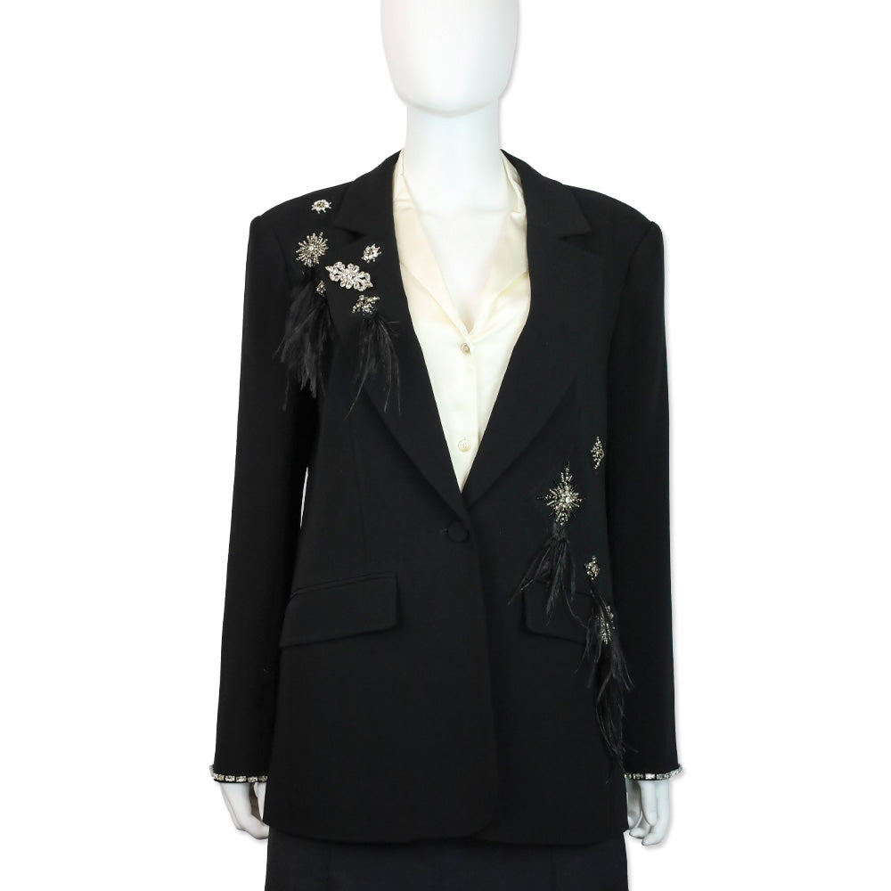 Cinq à Sept Jamila Black Feather Rhinestone Embellished Blazer