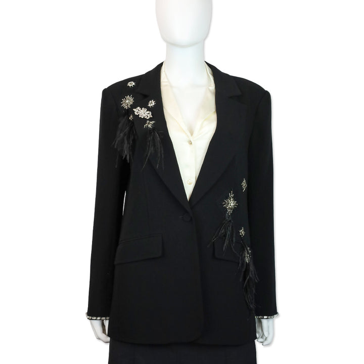 Cinq à Sept Jamila Black Feather Rhinestone Embellished Blazer