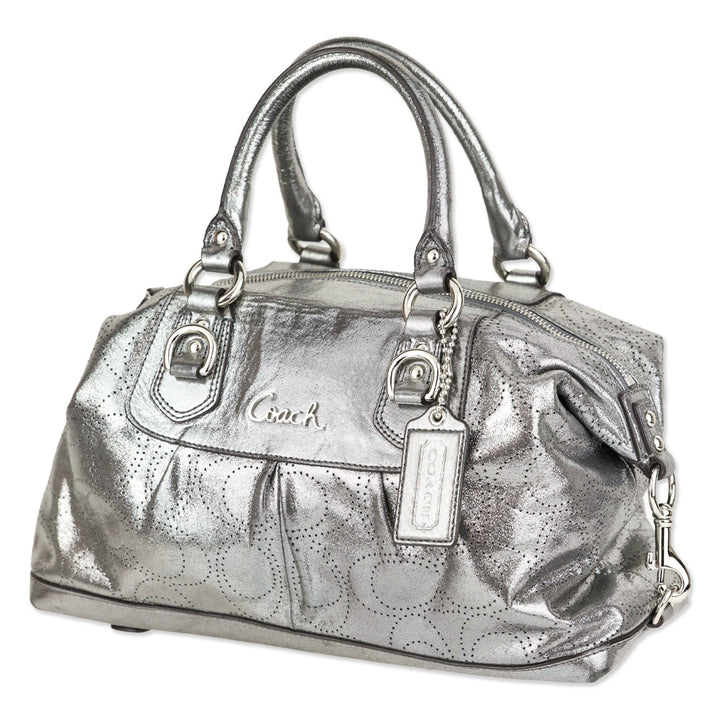 Coach Ashley Metallic Silver Perforated Leather Satchel Handbag