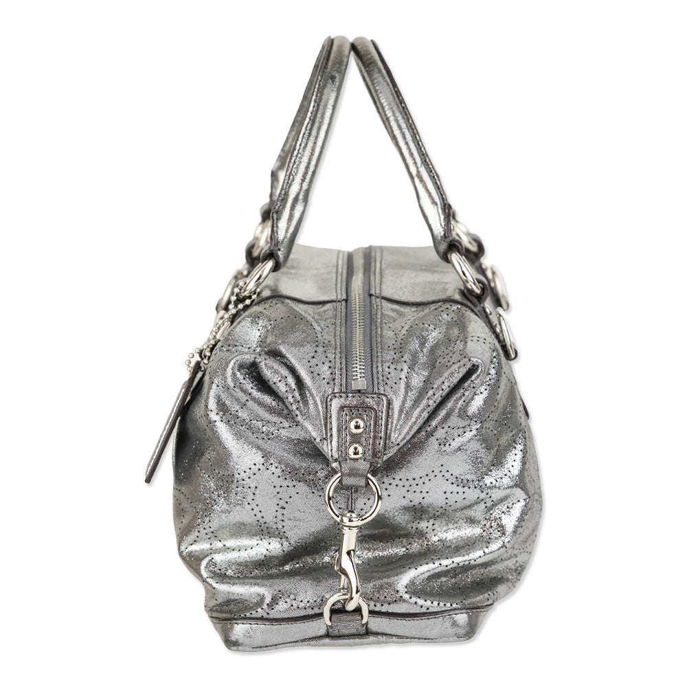 Coach Ashley Metallic Silver Perforated Leather Satchel Handbag
