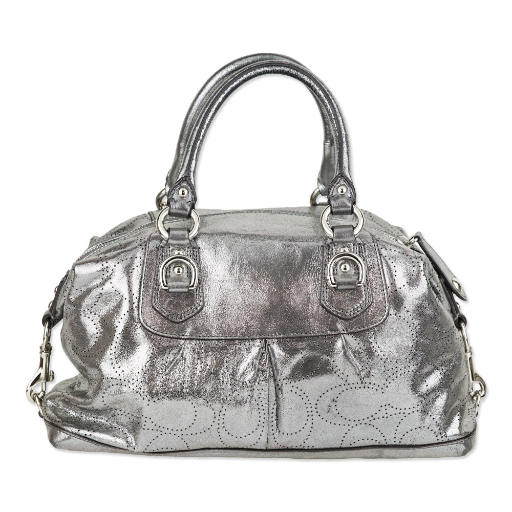 Coach Ashley Metallic Silver Perforated Leather Satchel Handbag