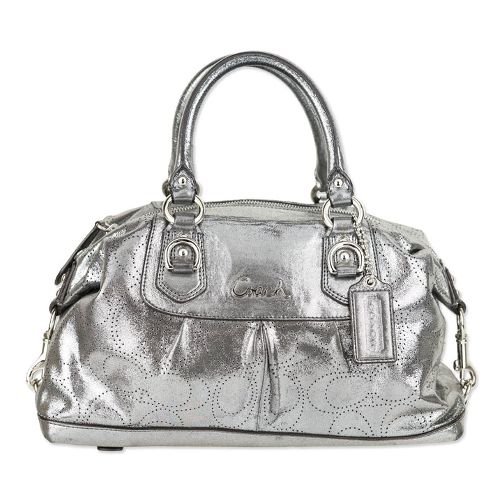 Coach Ashley Metallic Silver Perforated Leather Satchel Handbag