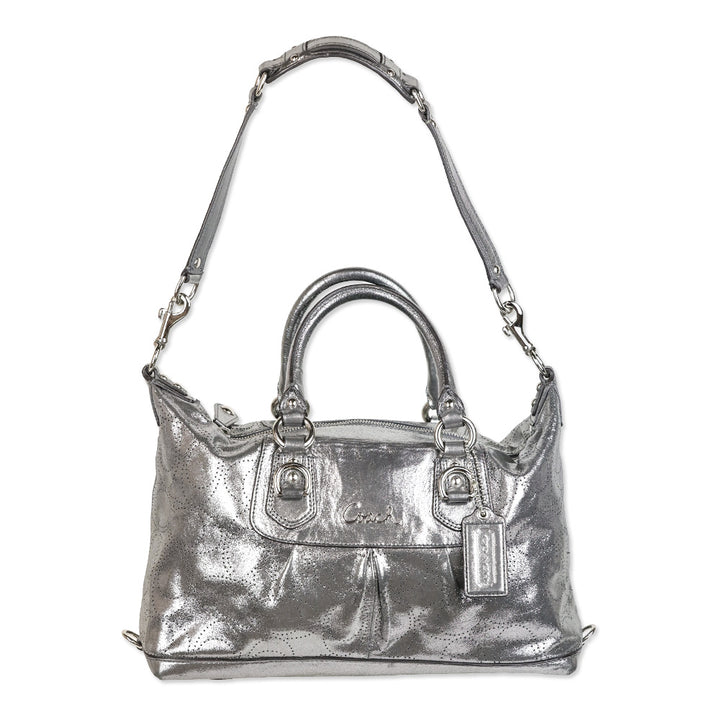 Coach Ashley Metallic Silver Perforated Leather Satchel Handbag