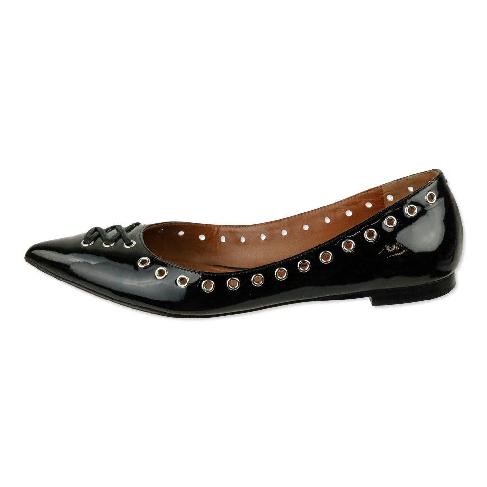Coach Black Leather Pointed Toe Lace-up Grommet Flats