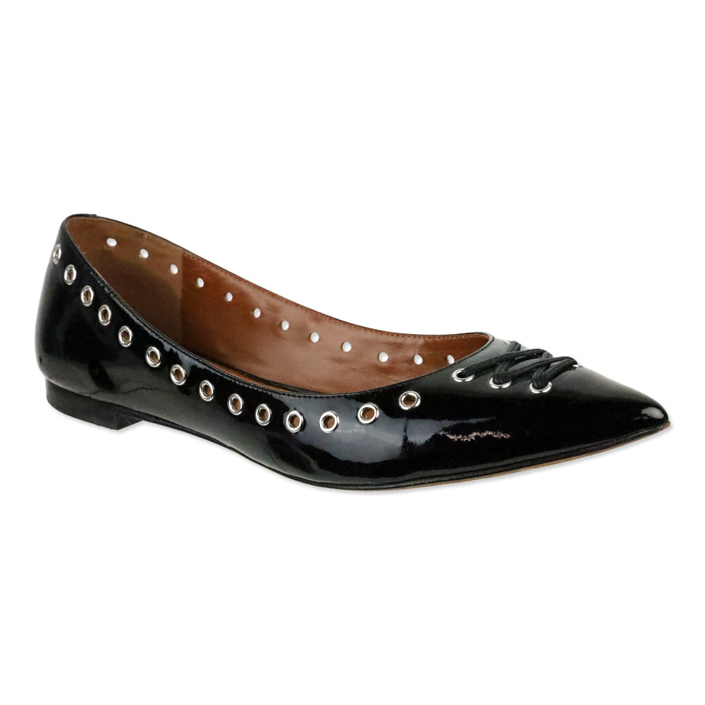 Coach Black Leather Pointed Toe Lace-up Grommet Flats