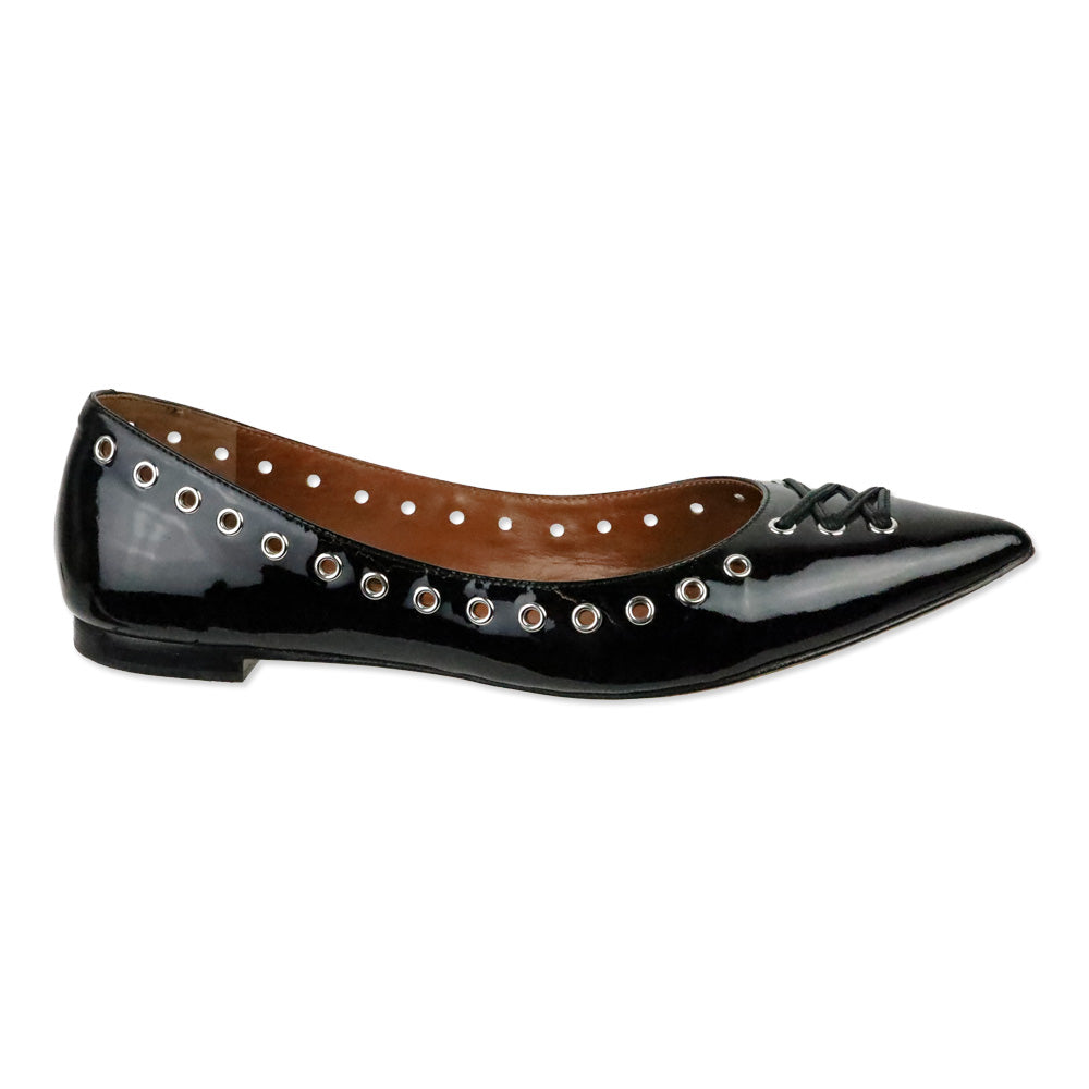 Coach Black Leather Pointed Toe Lace-up Grommet Flats