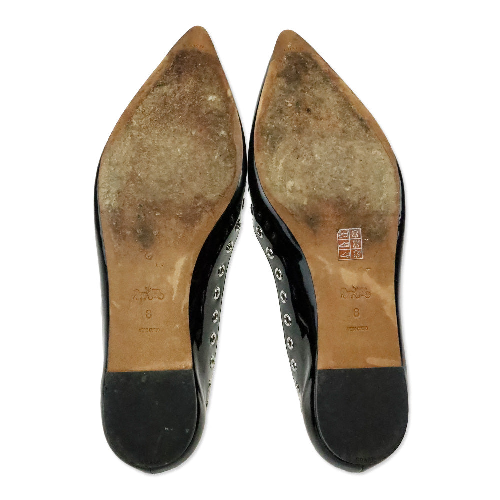 Coach Black Leather Pointed Toe Lace-up Grommet Flats