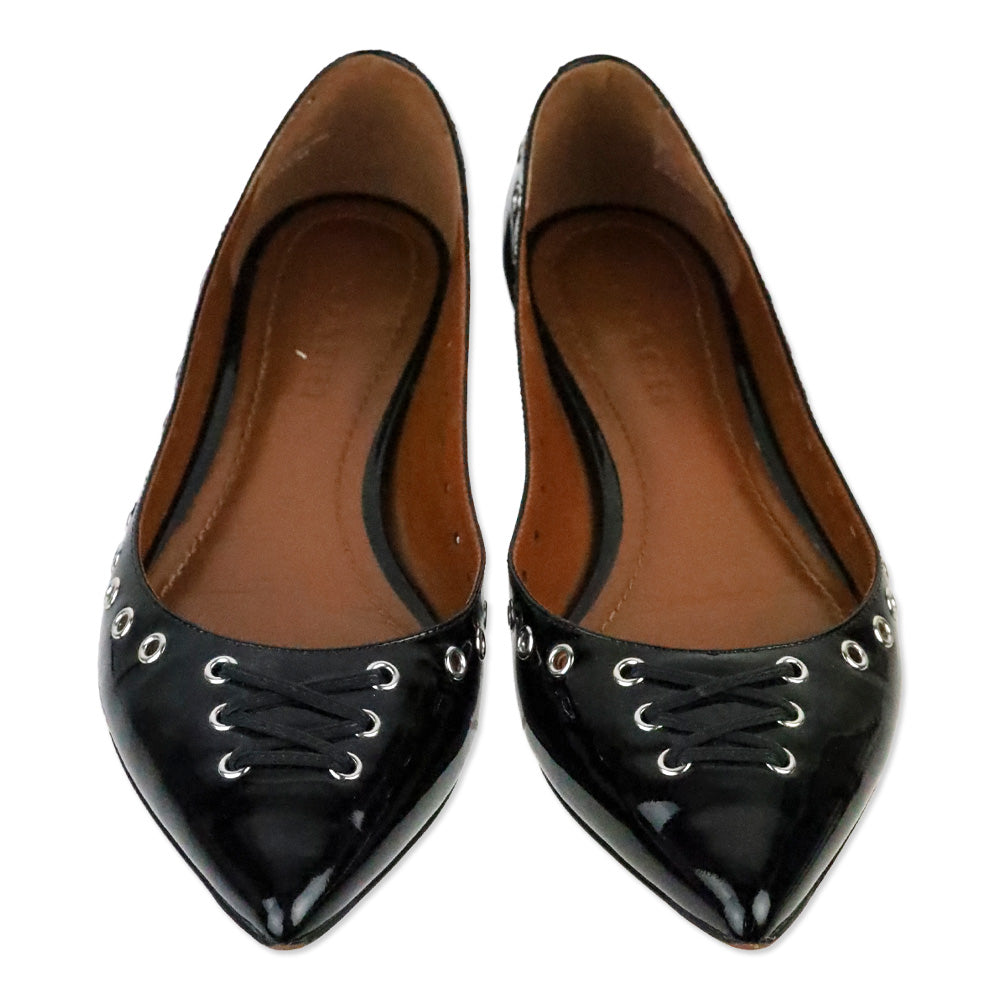 Coach Black Leather Pointed Toe Lace-up Grommet Flats