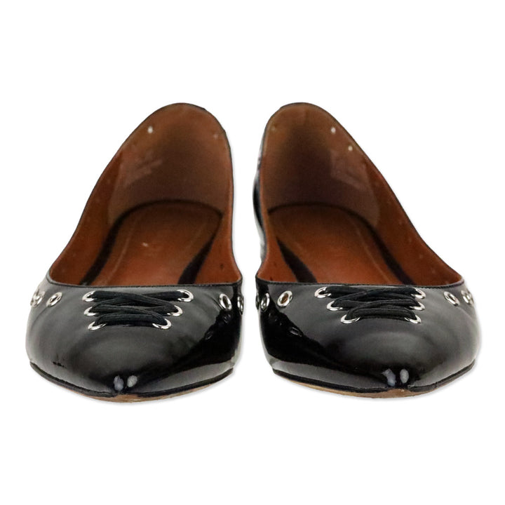 Coach Black Leather Pointed Toe Lace-up Grommet Flats