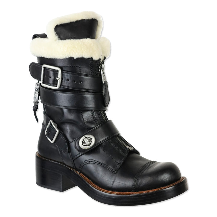 Coach Black Vegan Leather Shearling Zip Moto Boots