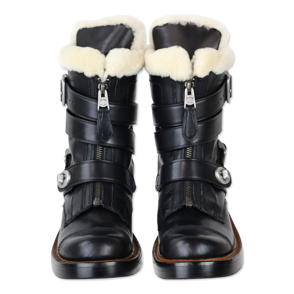 Coach Black Vegan Leather Shearling Zip Moto Boots