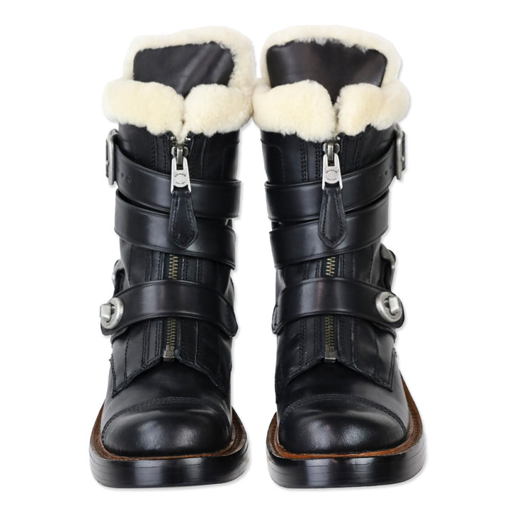 Coach Black Vegan Leather Shearling Zip Moto Boots