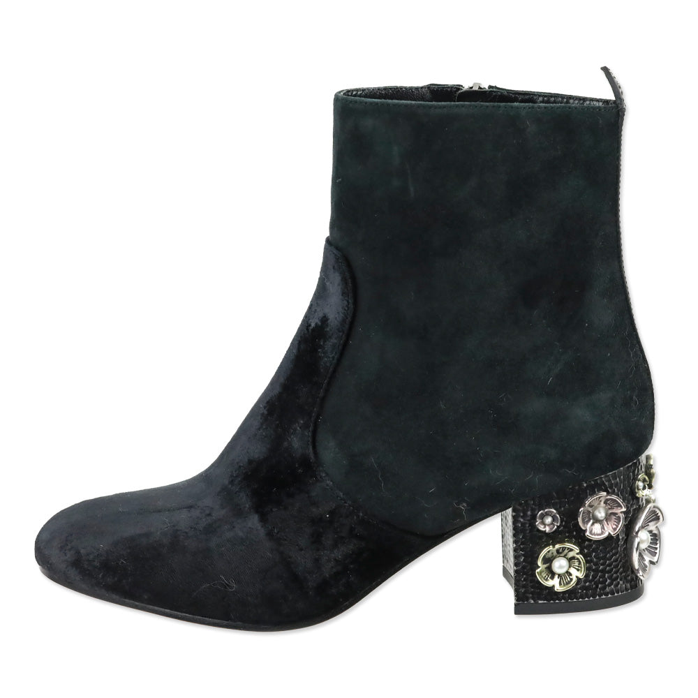Coach Black Velvet Suede Juliet Ankle Booties with Floral Heel Charms