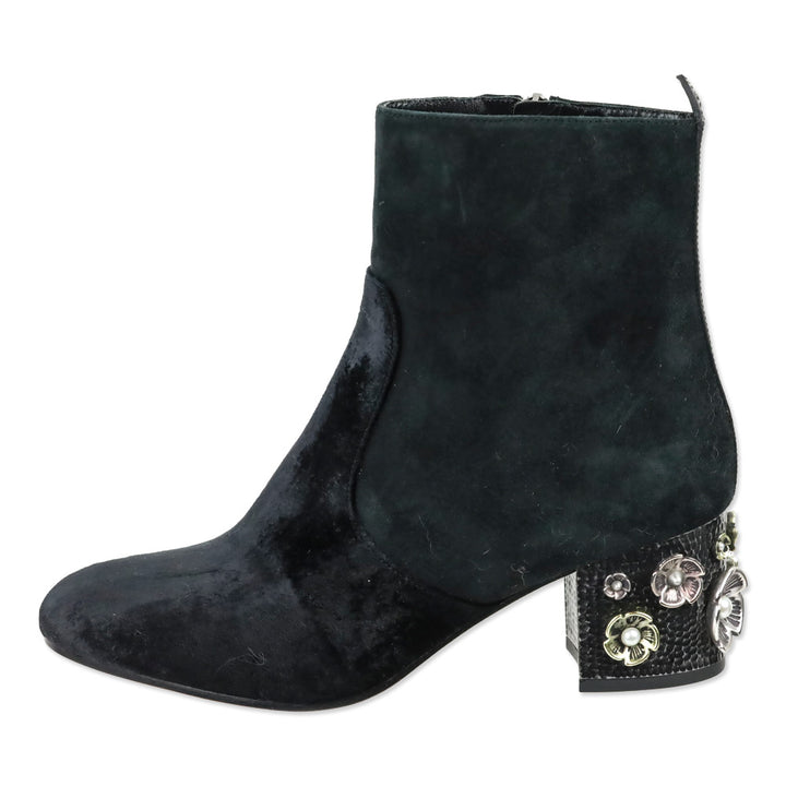 Coach Black Velvet Suede Juliet Ankle Booties with Floral Heel Charms