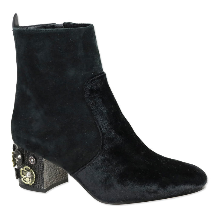 Coach Black Velvet Suede Juliet Ankle Booties with Floral Heel Charms