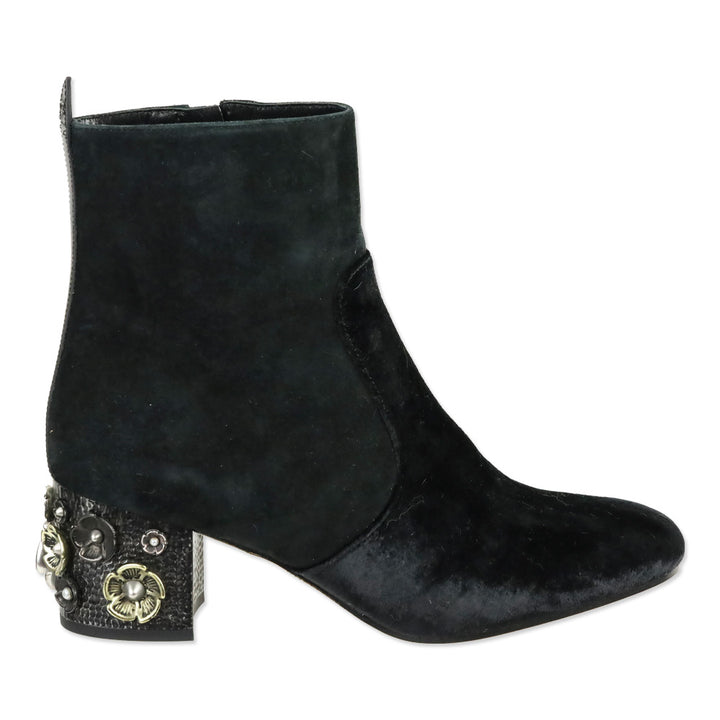 Coach Black Velvet Suede Juliet Ankle Booties with Floral Heel Charms