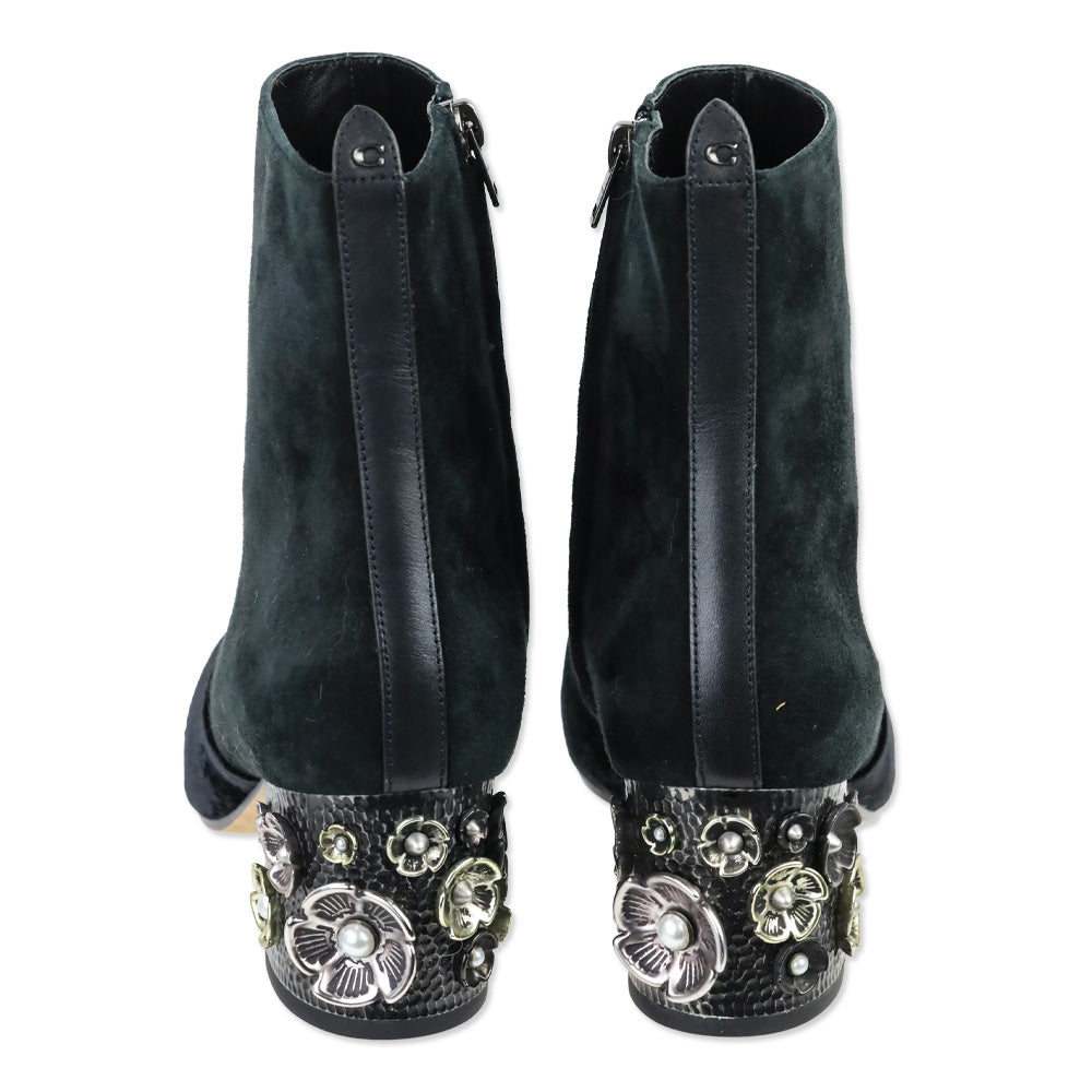 Coach Black Velvet Suede Juliet Ankle Booties with Floral Heel Charms