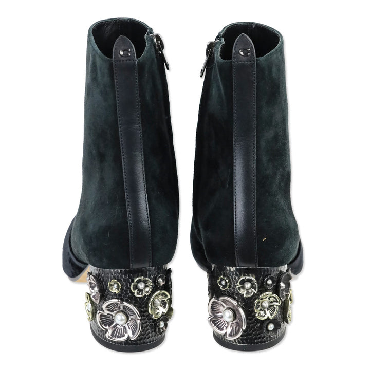 Coach Black Velvet Suede Juliet Ankle Booties with Floral Heel Charms