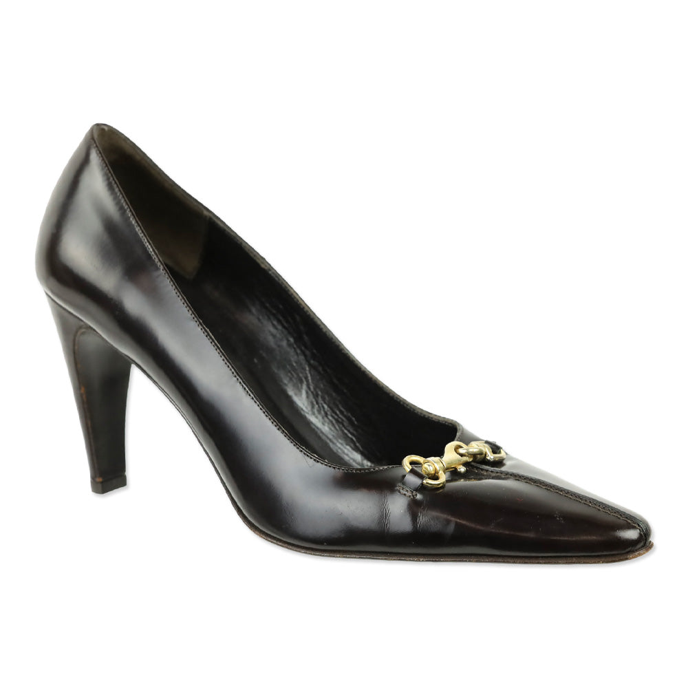 Coach Brown Glossy Leather Hook Buckle Accent Pump