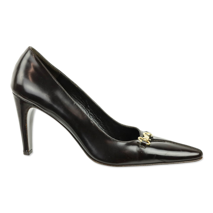 Coach Brown Glossy Leather Hook Buckle Accent Pump