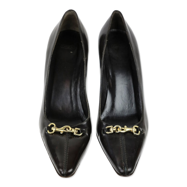 Coach Brown Glossy Leather Hook Buckle Accent Pump
