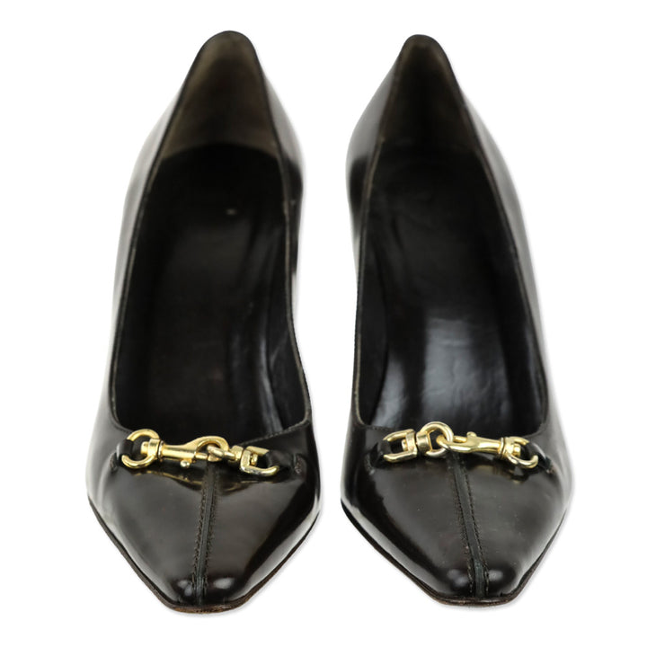 Coach Brown Glossy Leather Hook Buckle Accent Pump