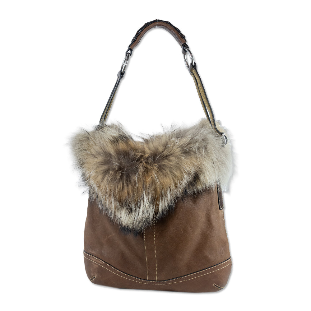 Coach Brown Lace Leather Coyote Fur Trim Tote