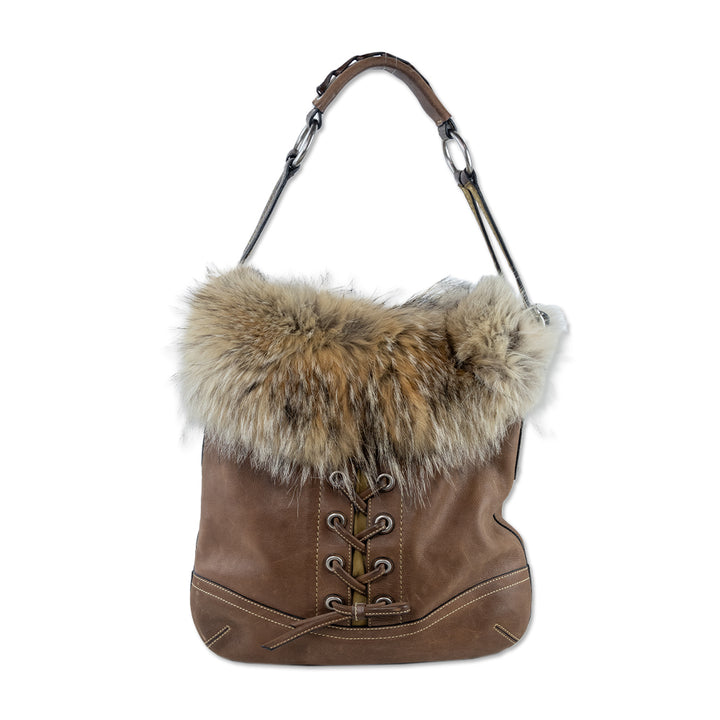 Coach Brown Lace Leather Coyote Fur Trim Tote