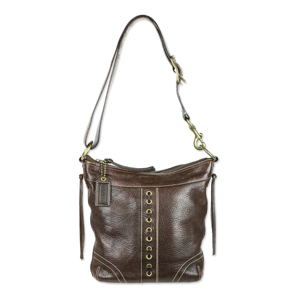 Coach Brown Laced Leather Whipstitch Tassel Hobo Bag