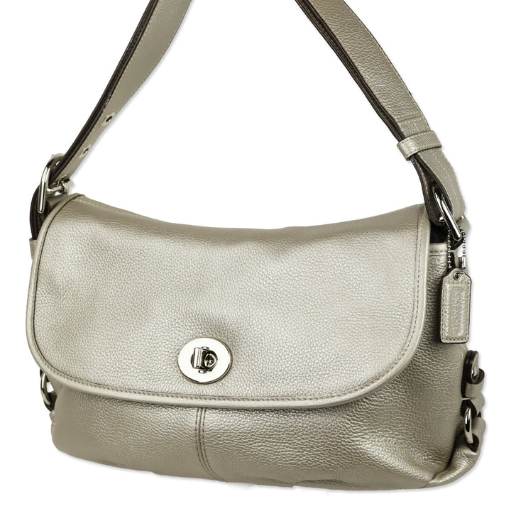 Coach F15170 Metallic Silver Pebbled Leather Flap Legacy Hobo Bag