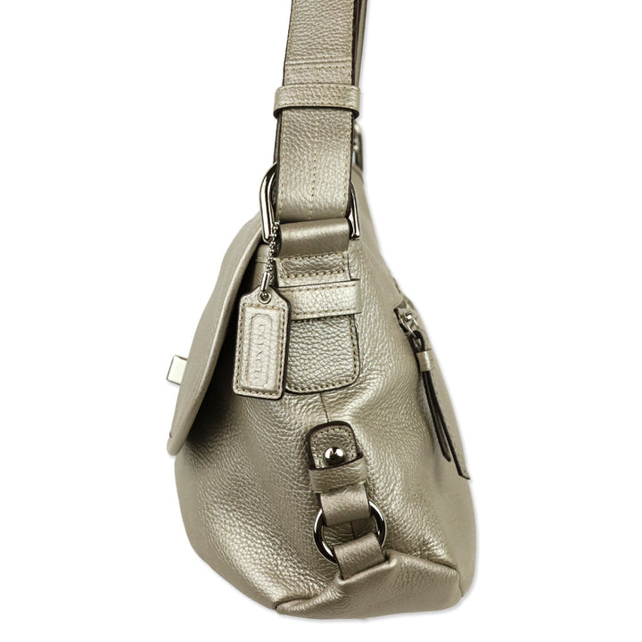 Coach F15170 Metallic Silver Pebbled Leather Flap Legacy Hobo Bag